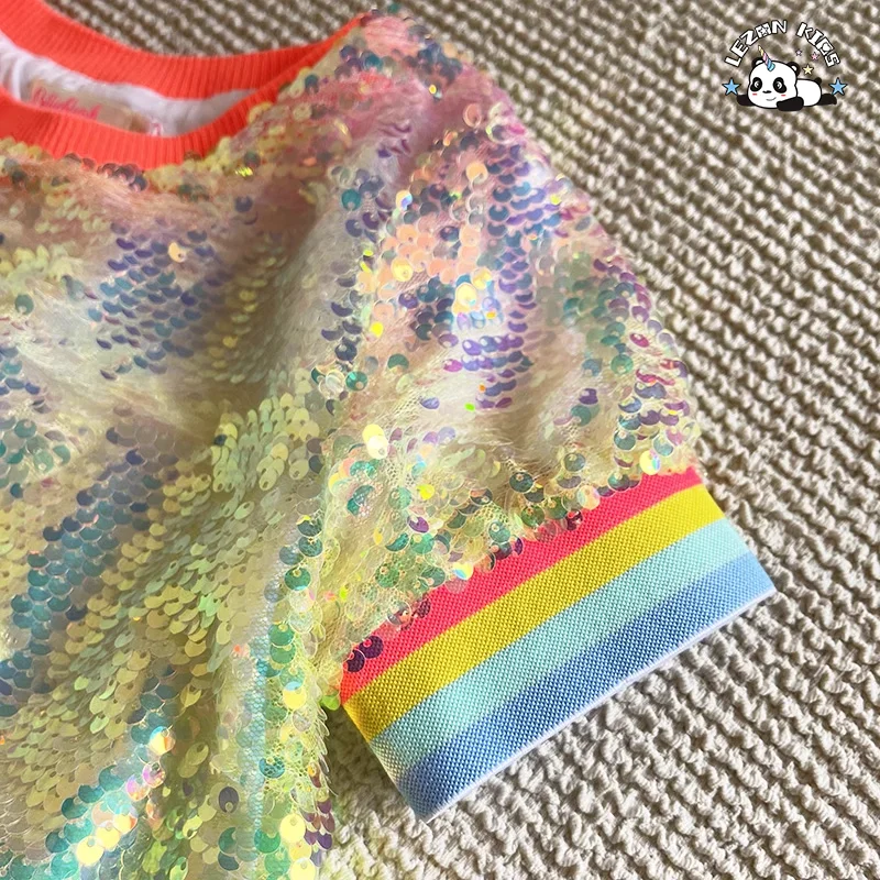 LEZONKIDS - Customized Color Size Kids Sequin Dress Short-sleeve Ribbed Design Tulle Casual Dress